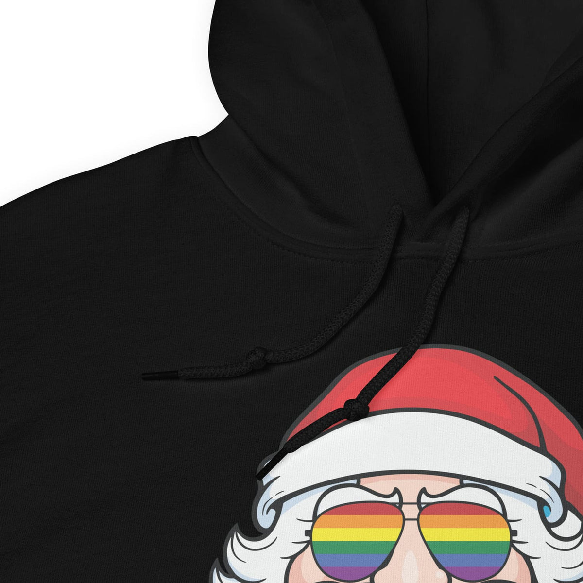 Black hoodie with a graphic of Santa Claus wearing rainbow sunglasses on a white background