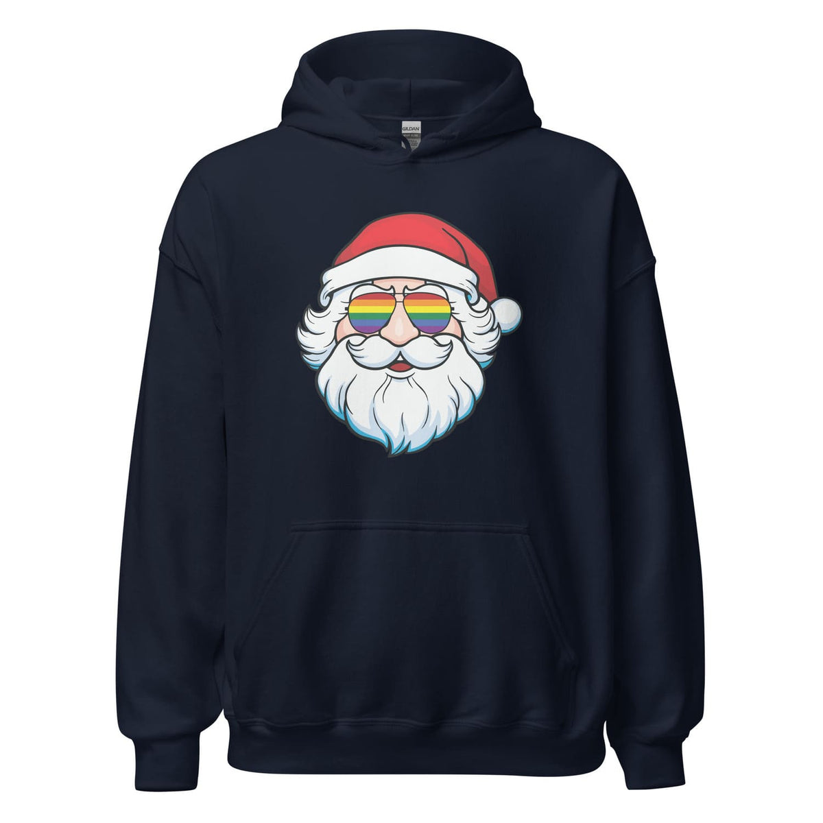 Navy blue hoodie with a graphic of Santa Claus wearing rainbow sunglasses on a white background