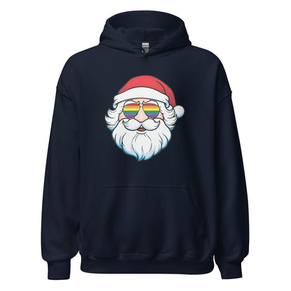 Navy blue hoodie with a graphic of Santa Claus wearing rainbow sunglasses on a white background