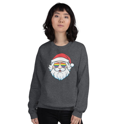 Person wearing a dark gray christmas sweatshirt with a colorful lgbtq pride Santa Claus design on a white background