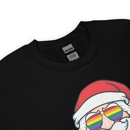 Black christmas sweatshirt with a graphic of lgbtq Santa Claus wearing rainbow pride sunglasses on a white background.