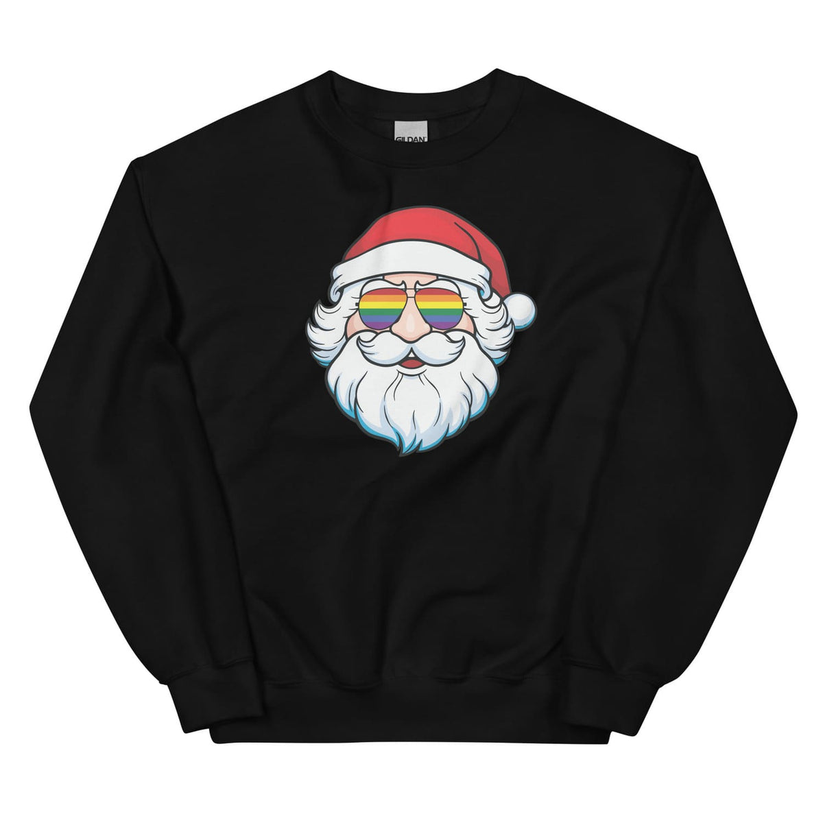 Black christmas sweatshirt with a graphic of queer Santa Claus wearing rainbow pride sunglasses on a white background