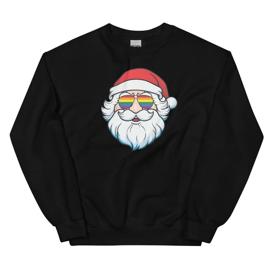 Black christmas sweatshirt with a graphic of queer Santa Claus wearing rainbow pride sunglasses on a white background
