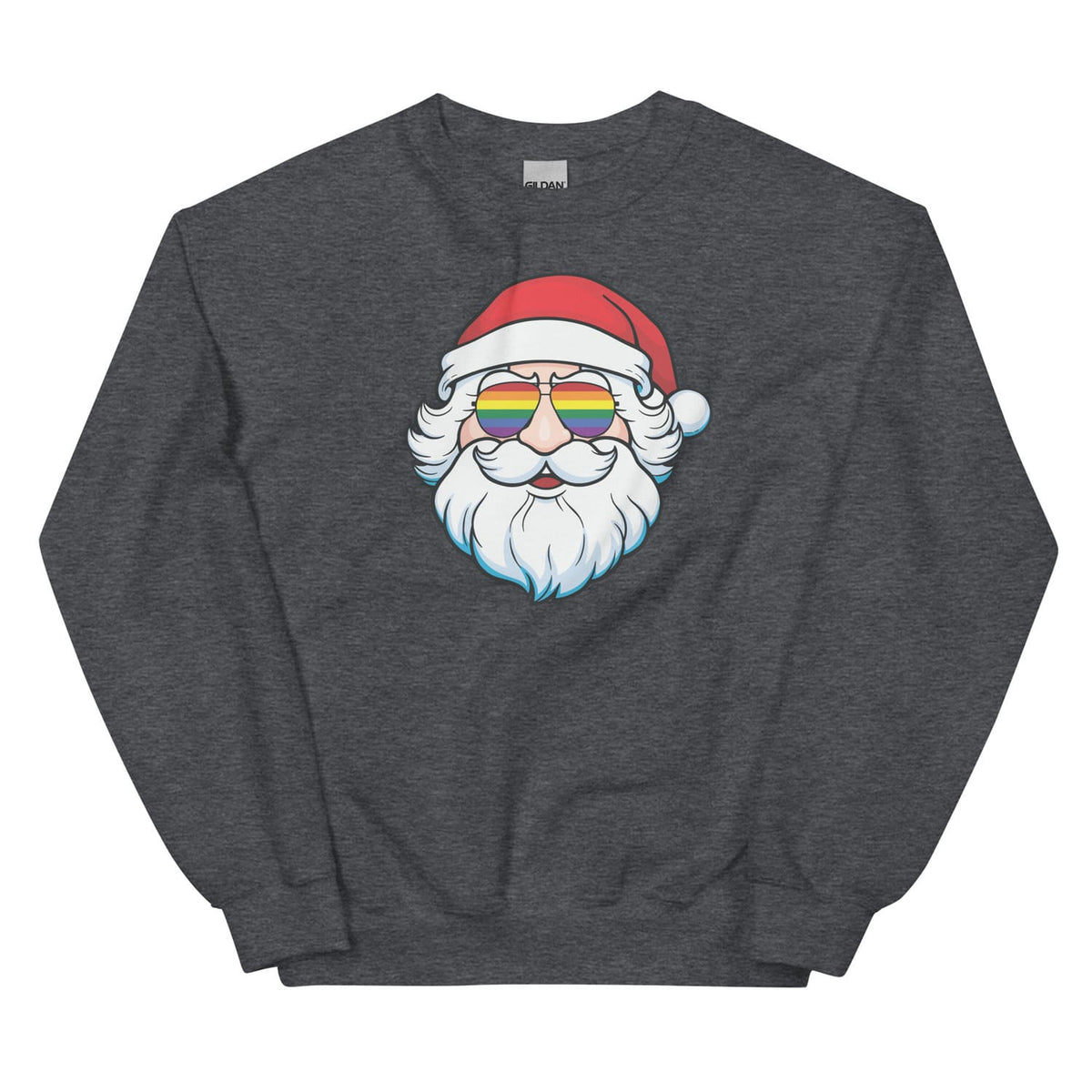 Dark gray sweatshirt with a gay graphic of lgbtq Santa Claus wearing rainbow pride  sunglasses on a white background