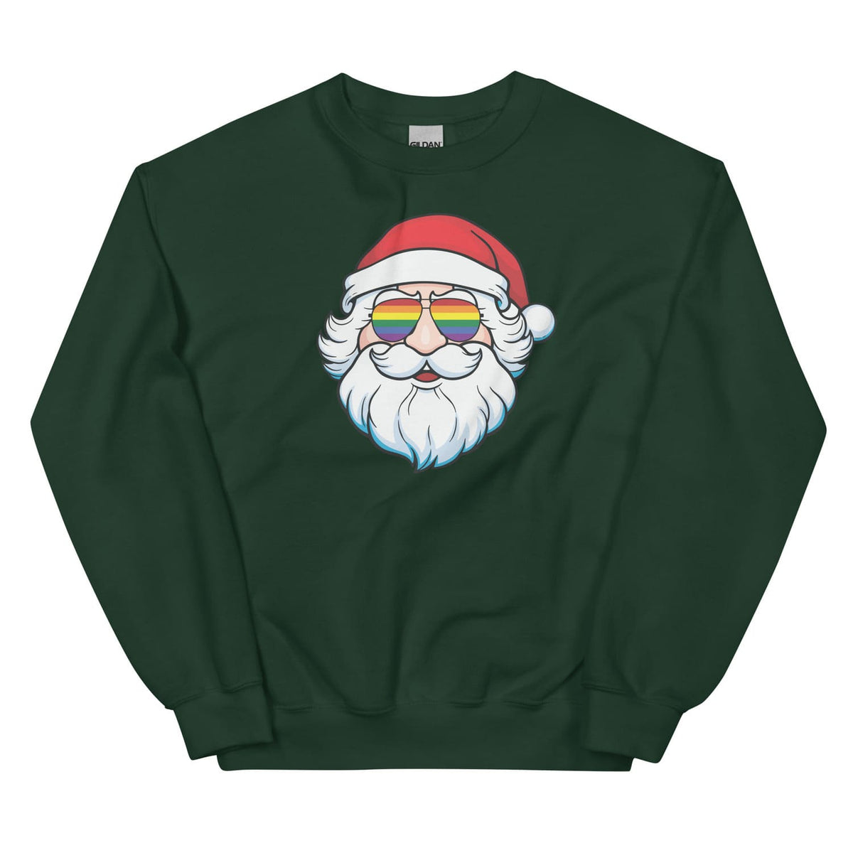 Dark green christmas sweatshirt with a gay pride  graphic of Santa Claus wearing rainbow lgbtq sunglasses on a white background
