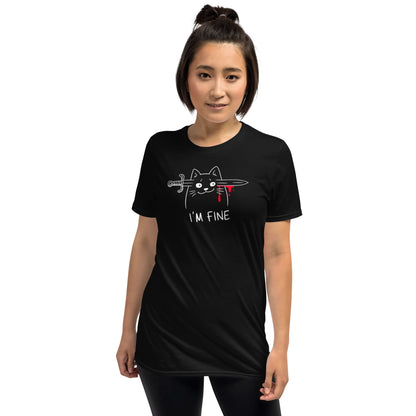 Person wearing a black t-shirt with a cat graphic and 'I'm fine' text on a white background: I'm Fine Cat Shirt, Sarcastic Mental Health Tee, Creepy Cute T-Shirt, Dark Humor Emo Gift, Funny Morbid Overstimulated Aesthetic