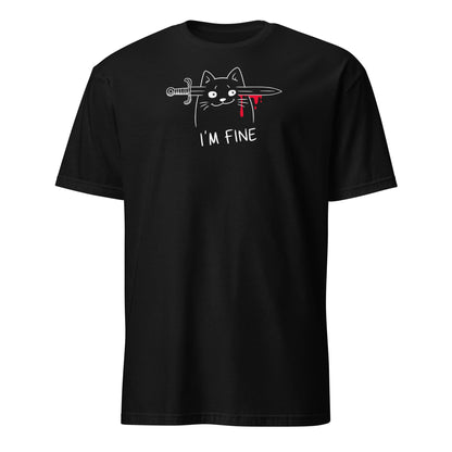 Black t-shirt with a graphic of a cat holding a sword and the text 'I'm Fine' on a white background: I'm Fine Cat Shirt, Sarcastic Mental Health Tee, Creepy Cute T-Shirt, Dark Humor Emo Gift, Funny Morbid Overstimulated Aesthetic