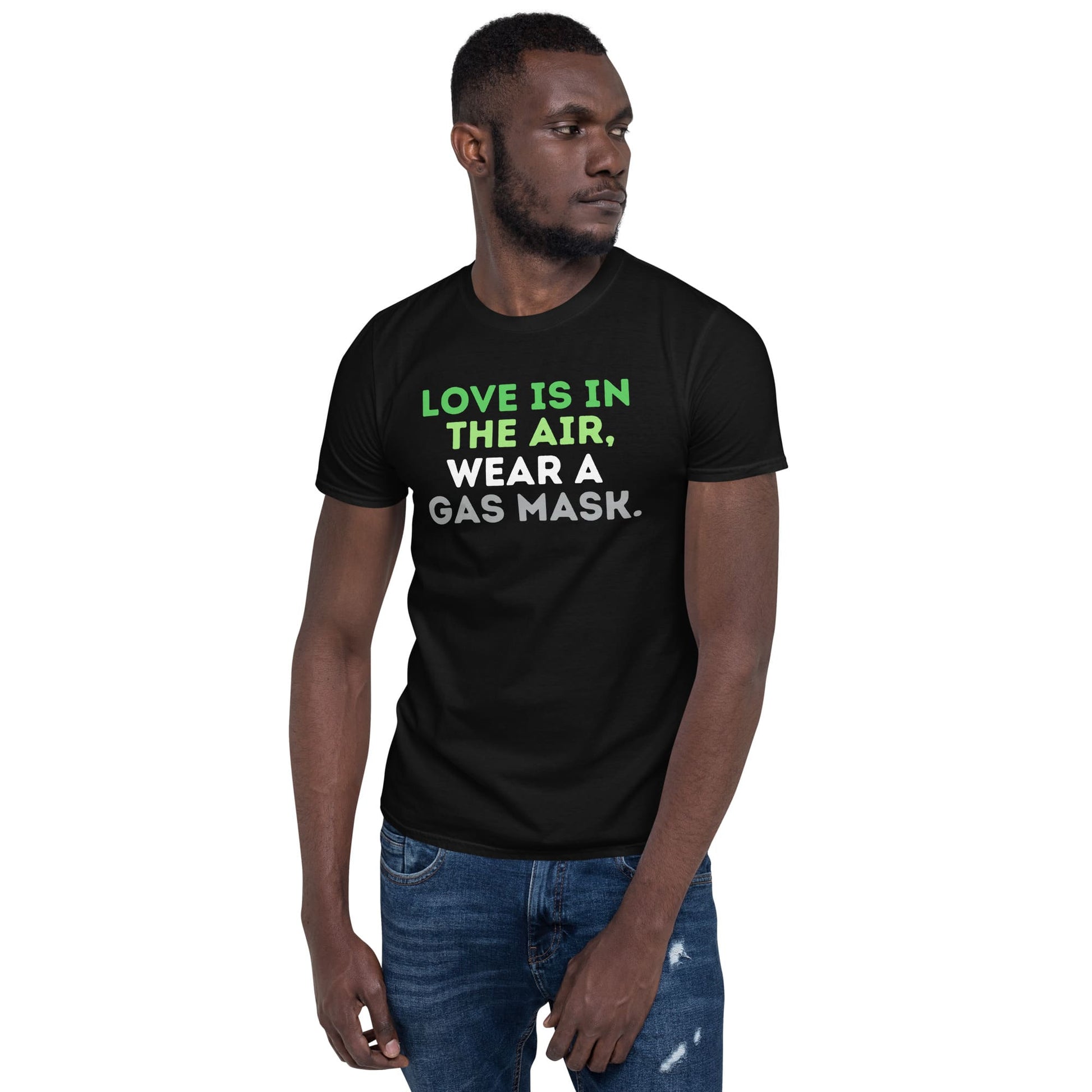 aromantic shirt, funny quote in aro pride colors, model 1