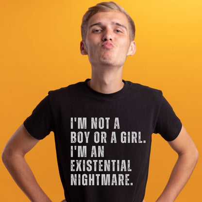 nonbinary shirt, sarcastic queer enby quote, in use