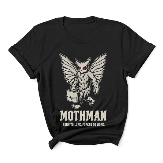Black t-shirt with Mothman graphic and text on a white background