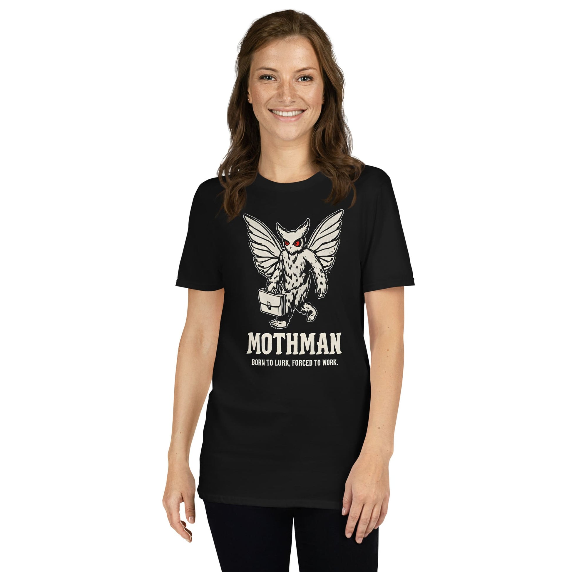 Person wearing a black t-shirt with Mothman graphic design on a white background