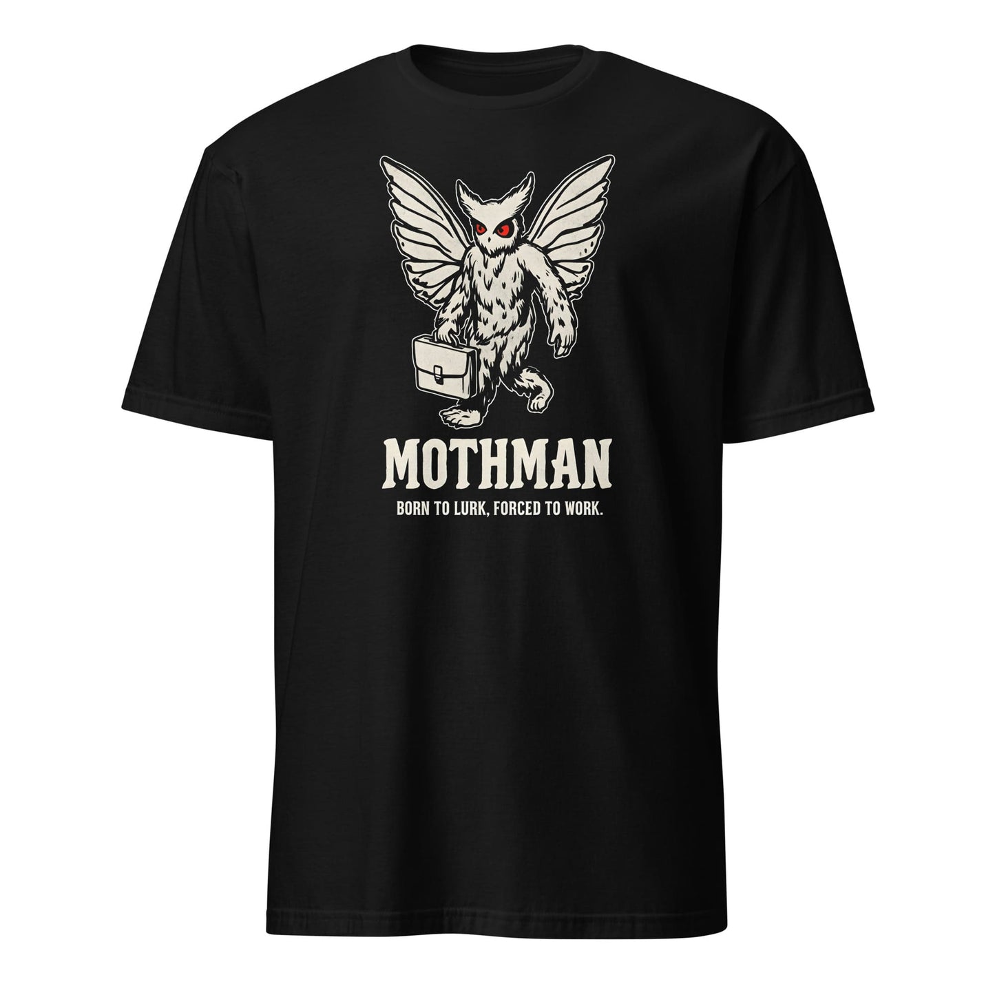 Black t-shirt with Mothman graphic and text on a white background