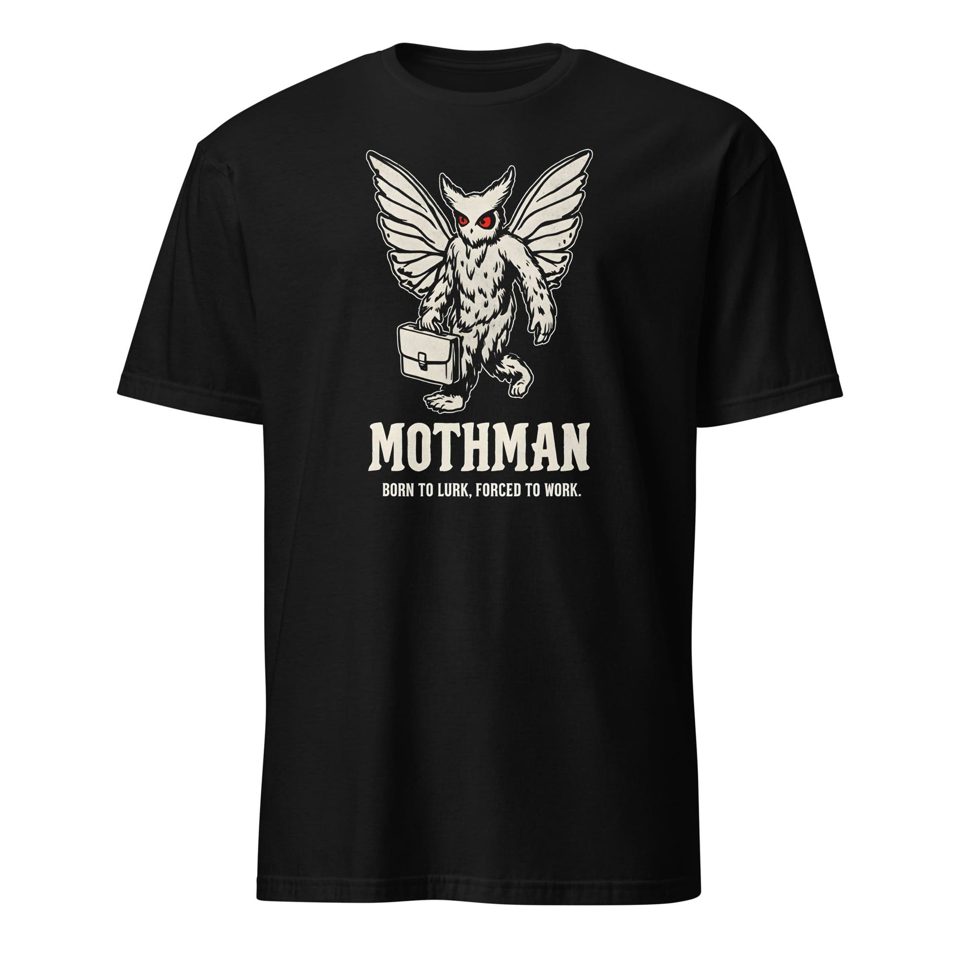 Black t-shirt with Mothman graphic and text on a white background