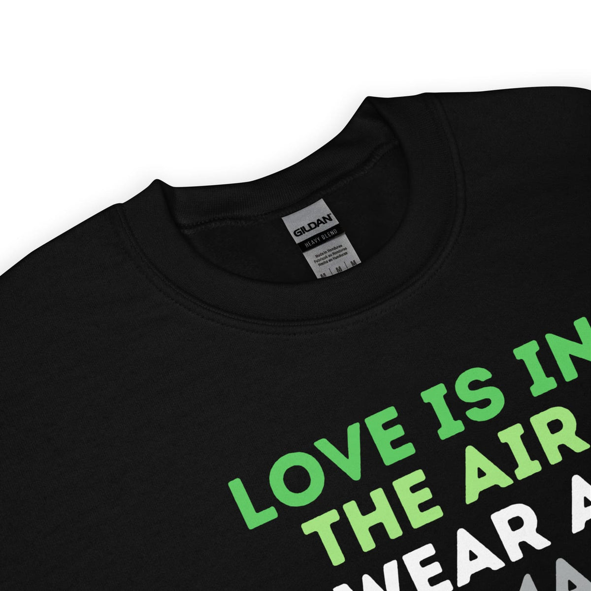 detail of Black aromantic sweatshirt with green and white text on a white background