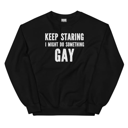 Black gay sweatshirt with white text on a white background