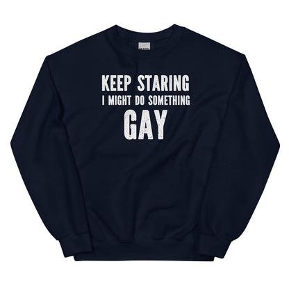 Funny navy gay sweatshirt with white text on a white background