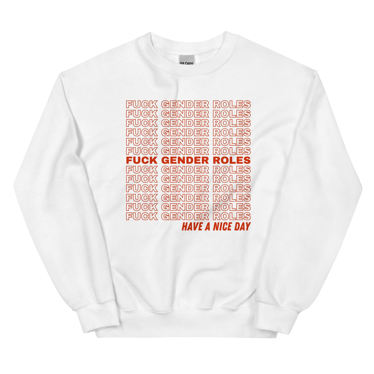 White nonbinary sweatshirt with red and black text on a white background