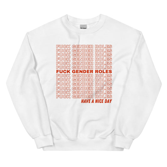 White nonbinary sweatshirt with red and black text on a white background