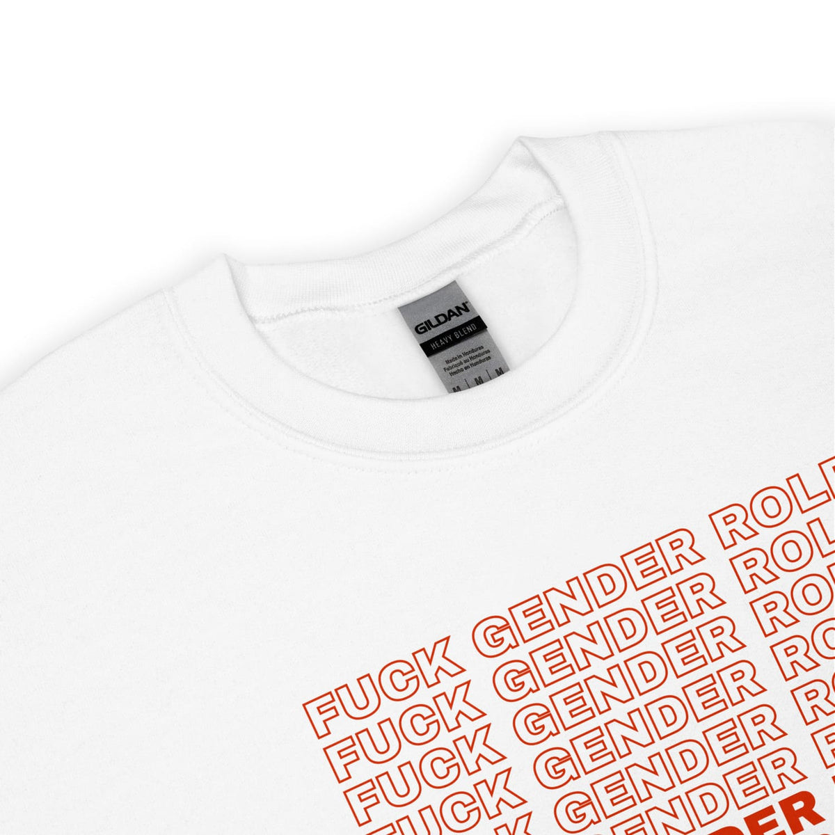 detail of nonbinary sweatshirt with red text on a white background