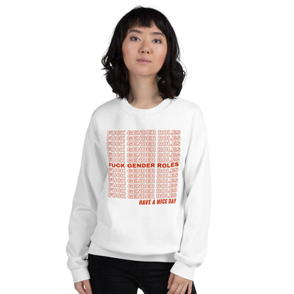 Person wearing a white non binary sweatshirt with red text on a white background
