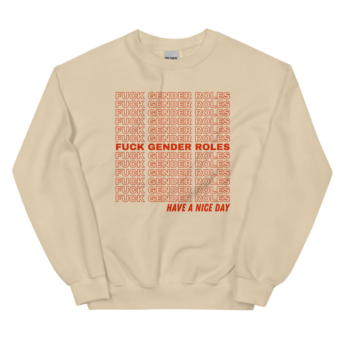 Beige non binary sweatshirt with red text on a white background