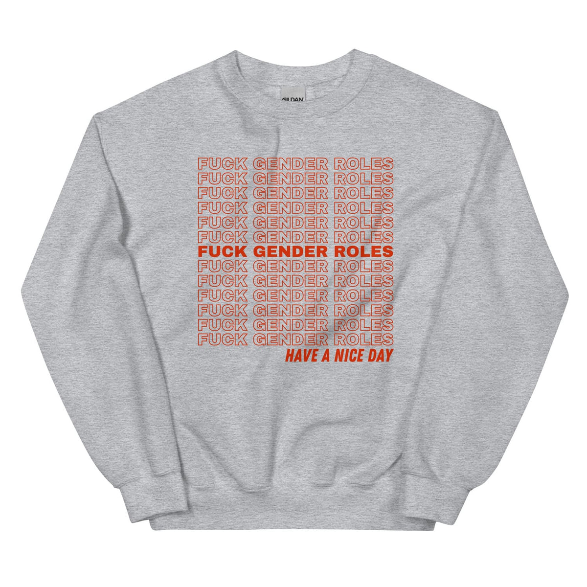Gray nonbinary  sweatshirt with red and white text on a white background