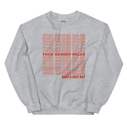 Gray nonbinary  sweatshirt with red and white text on a white background