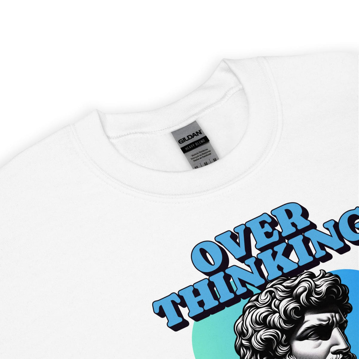 White anxiety sweatshirt with 'OVERTHINKING' text and a profile of a classical statue on a white background