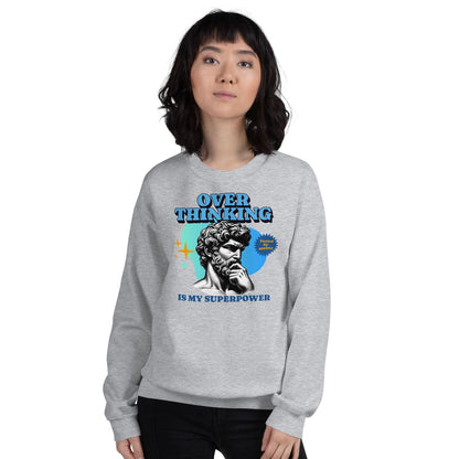 Person wearing a gray anxiety sweatshirt with a graphic design and text on a white background