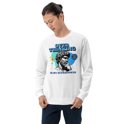 Person wearing a white anxiety sweatshirt with a graphic design and text on a white background