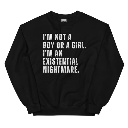 Black nonbinary sweatshirt with white text on a white background