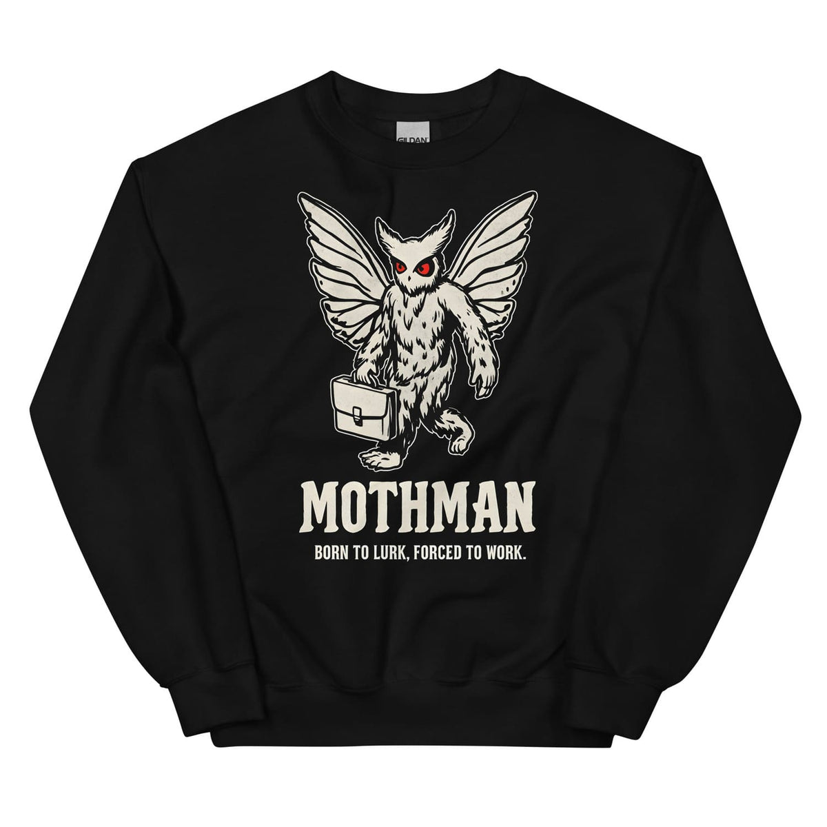 Black sweatshirt with Mothman graphic and text on a white background