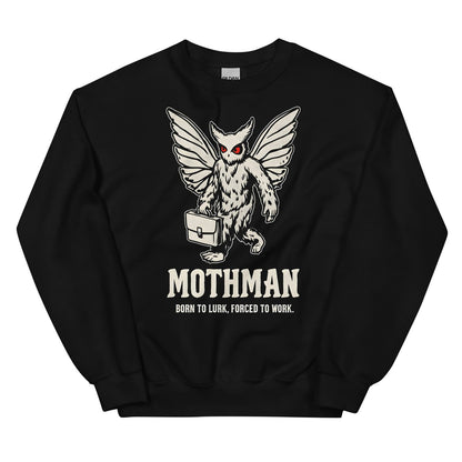 Black sweatshirt with Mothman graphic and text on a white background