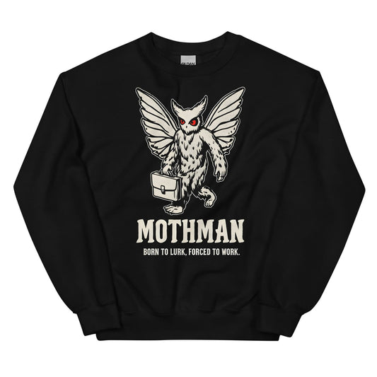 Black sweatshirt with Mothman graphic and text on a white background