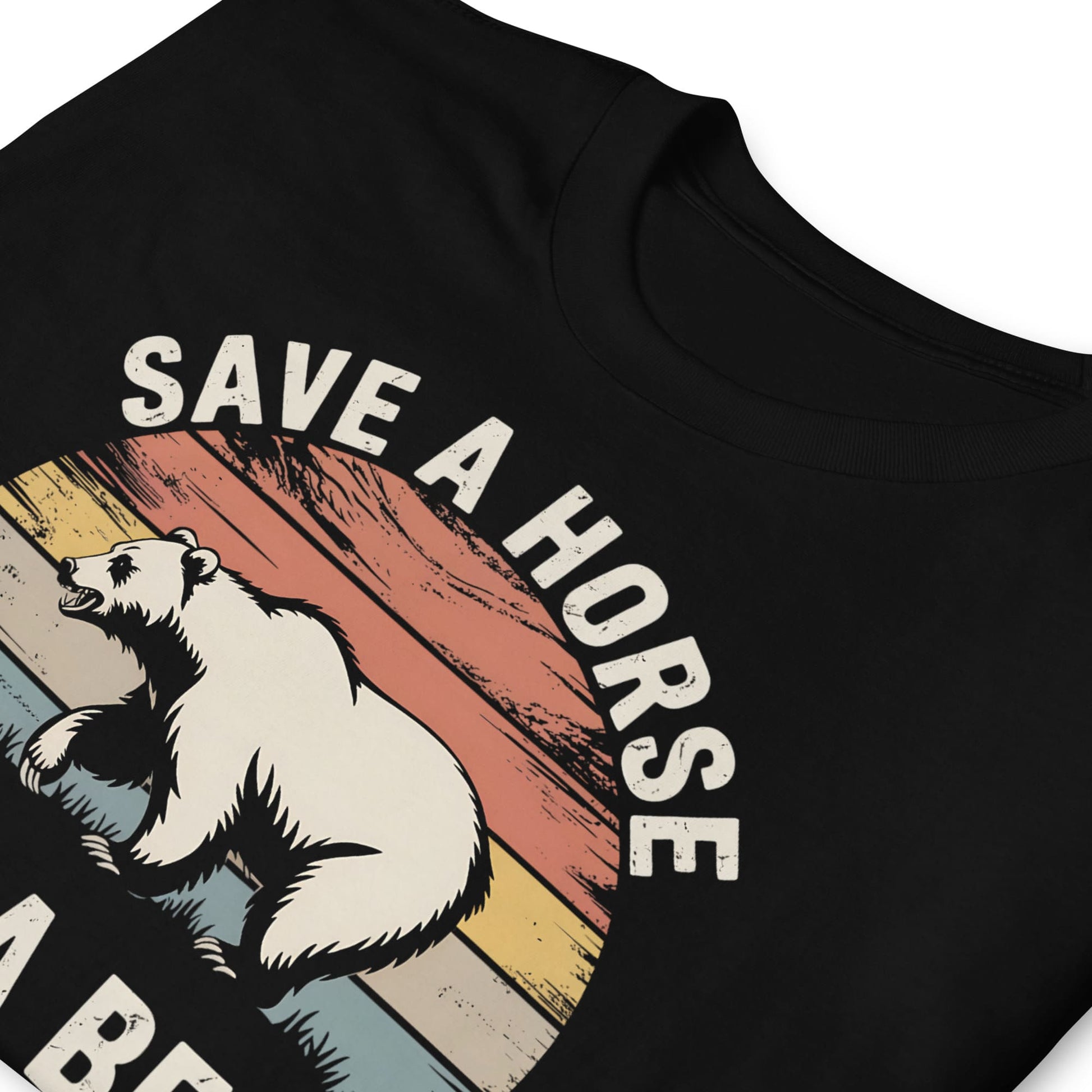 Black t-shirt with a graphic of a bear and 'Save a Horse' text on a colorful background: Funny Gay Bear Shirt, Save A Horse Ride A Bear Tee, MLM Rodeo Cowboy Tshirt, Gay Male Homosexual Apparel, Country Pride Gift For Boyfriend