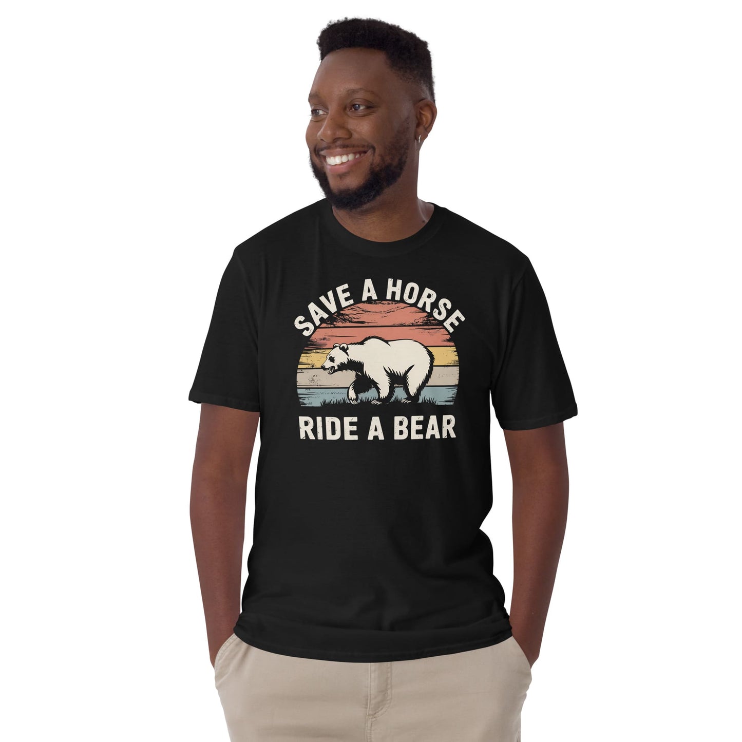 Man wearing a black t-shirt with a graphic and text 'Save a Horse Ride a Bear' on a white background: Funny Gay Bear Shirt, Save A Horse Ride A Bear Tee, MLM Rodeo Cowboy Tshirt, Gay Male Homosexual Apparel, Country Pride Gift For Boyfriend