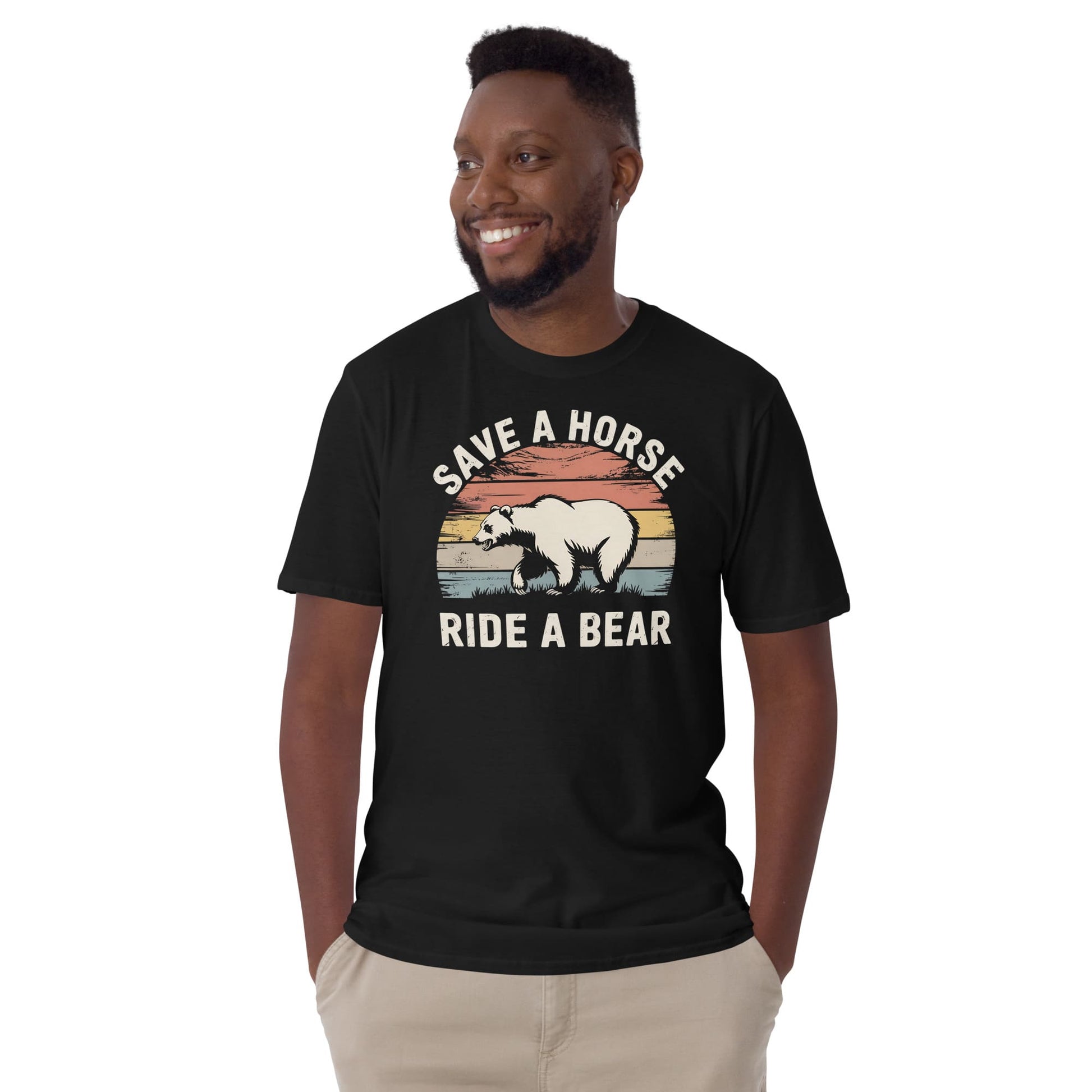 Man wearing a black t-shirt with a graphic and text 'Save a Horse Ride a Bear' on a white background: Funny Gay Bear Shirt, Save A Horse Ride A Bear Tee, MLM Rodeo Cowboy Tshirt, Gay Male Homosexual Apparel, Country Pride Gift For Boyfriend