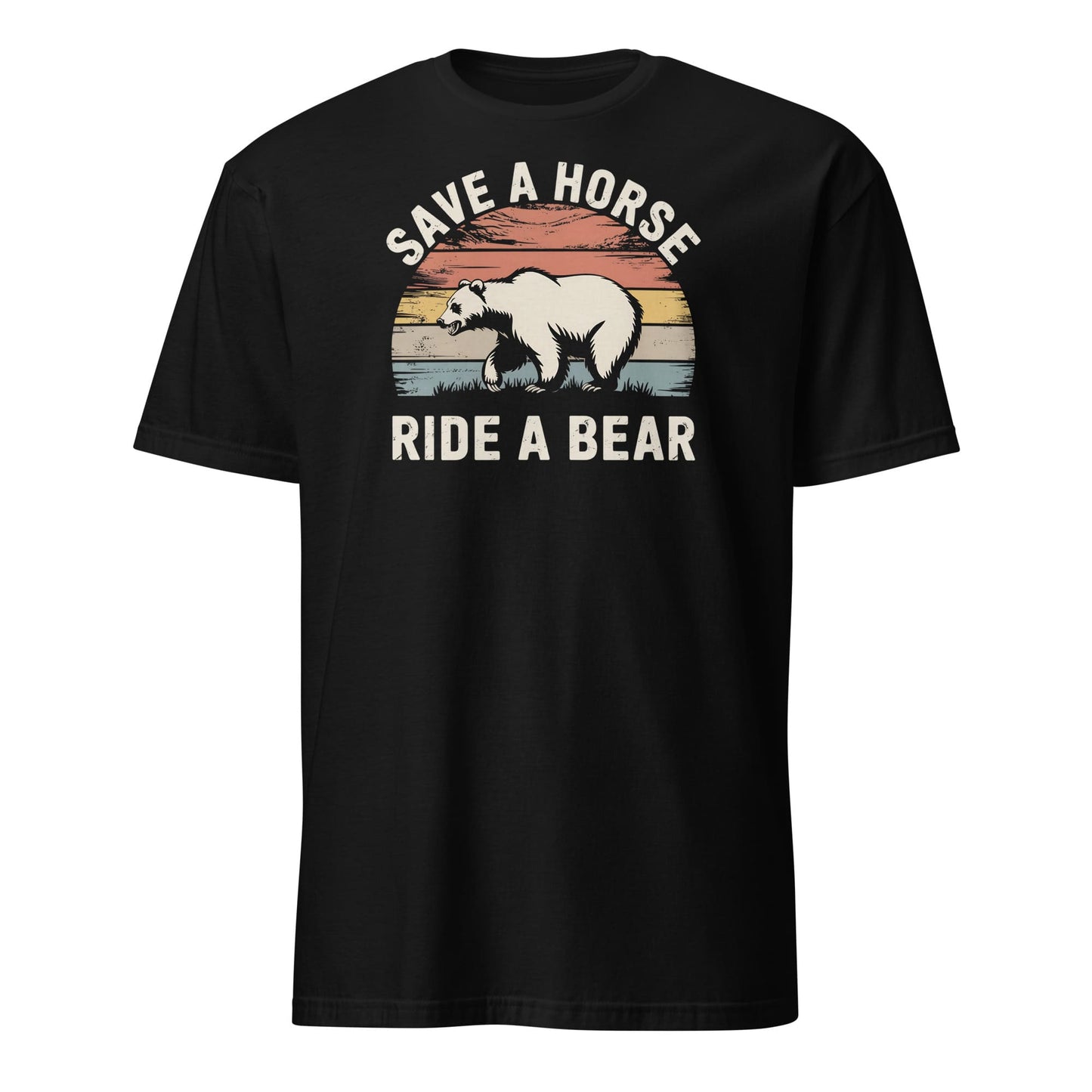 Black t-shirt with a graphic of a bear and text 'Save a horse, ride a bear' on a white background: Funny Gay Bear Shirt, Save A Horse Ride A Bear Tee, MLM Rodeo Cowboy Tshirt, Gay Male Homosexual Apparel, Country Pride Gift For Boyfriend
