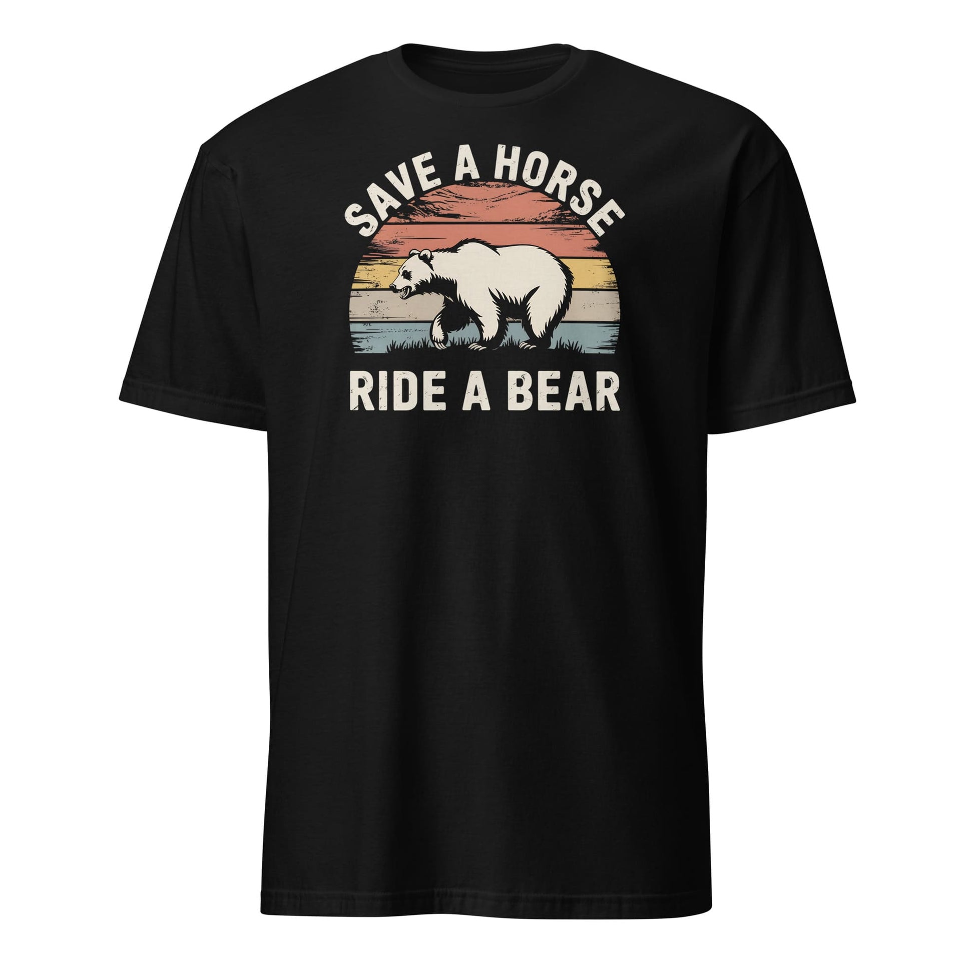 Black t-shirt with a graphic of a bear and text 'Save a horse, ride a bear' on a white background: Funny Gay Bear Shirt, Save A Horse Ride A Bear Tee, MLM Rodeo Cowboy Tshirt, Gay Male Homosexual Apparel, Country Pride Gift For Boyfriend