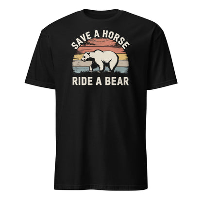 Black t-shirt with a graphic of a bear and text 'Save a horse, ride a bear' on a white background: Funny Gay Bear Shirt, Save A Horse Ride A Bear Tee, MLM Rodeo Cowboy Tshirt, Gay Male Homosexual Apparel, Country Pride Gift For Boyfriend