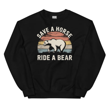 Black pride sweatshirt with a graphic of a bear and text 'Save a horse, ride a bear' on a white background