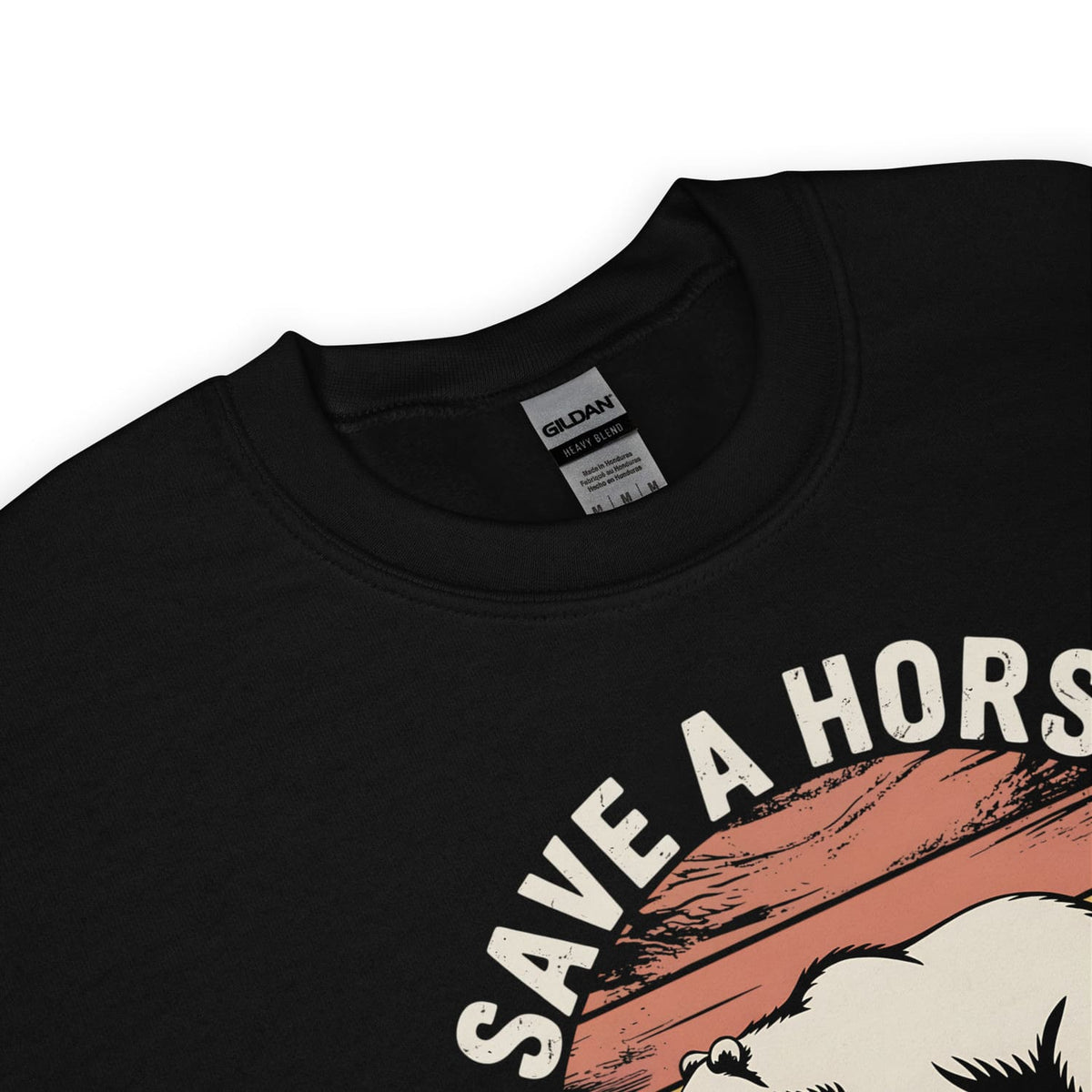 Black pride sweatshirt with 'Save a Horse ride a bear' graphic and Gildan label on a white background