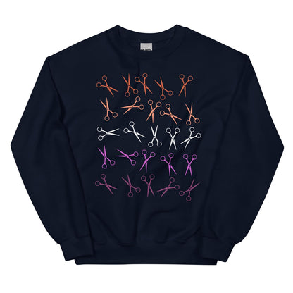 Navy lesbian sweatshirt with sunset flag scissors pattern on a white background