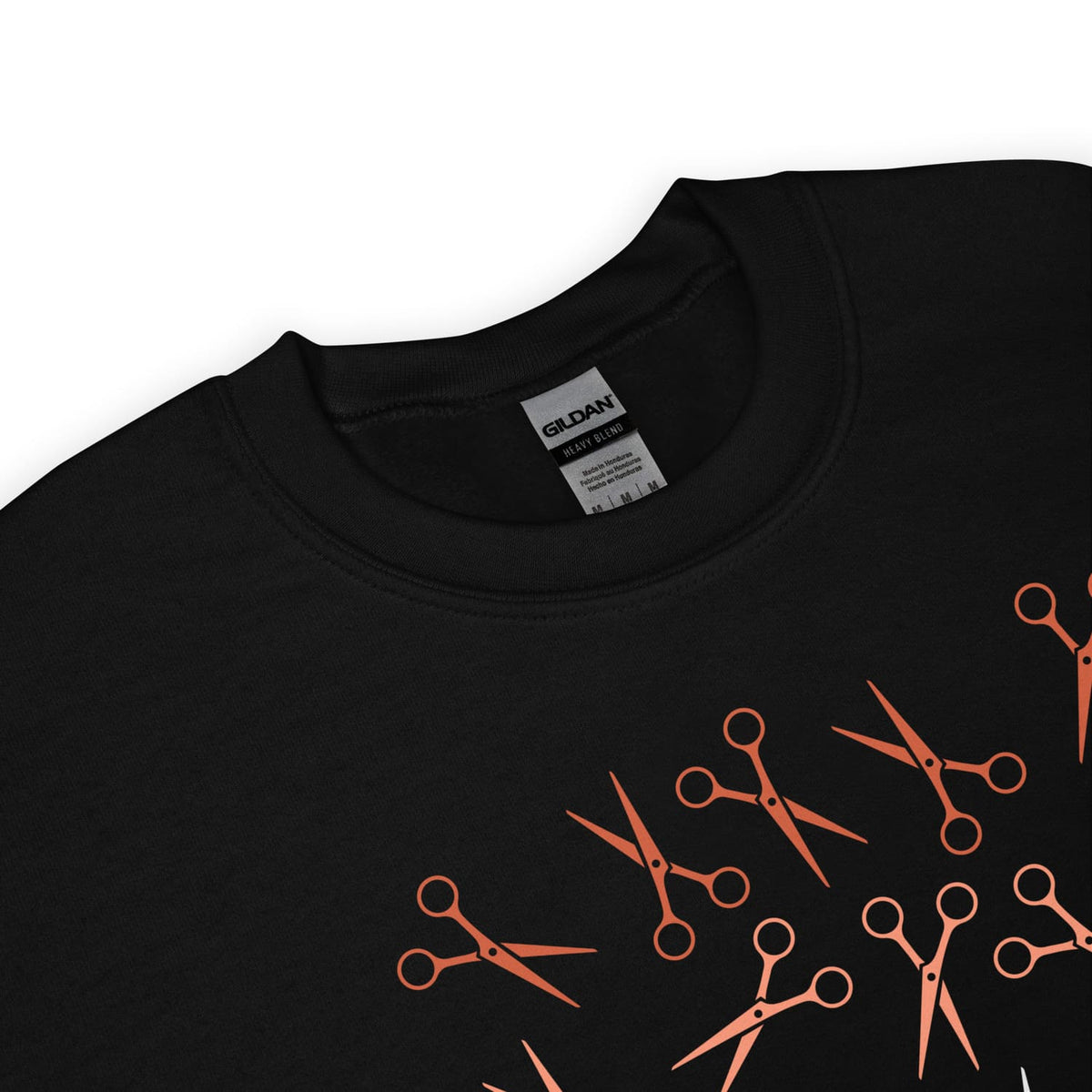 Detail lesbian sweatshirt with sunset flag scissors pattern and Gildan label on a white background