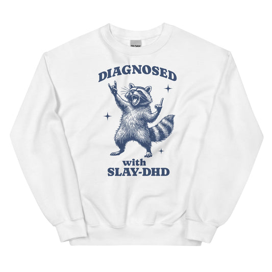 White adhd sweatshirt with a raccoon graphic and text on a white background