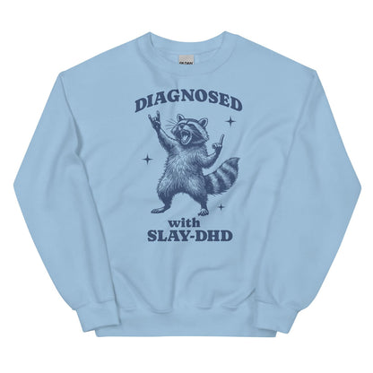 Light blue adhd sweatshirt with a raccoon graphic and text on a white background