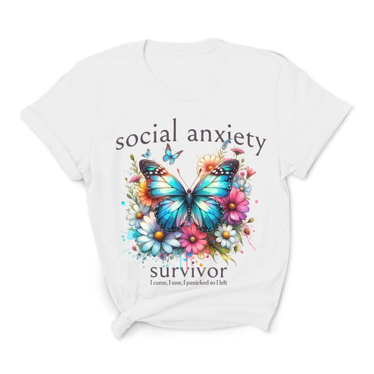 White t-shirt with a colorful butterfly and floral design on a white background: Social Anxiety Shirt, Funny Socially Awkward Tee, Wildflowers Butterfly Neurodivergent T-Shirt, Neurospicy Gift For Autistic, Mental health Gift