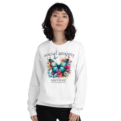 Person wearing a white social anxiety sweatshirt with a butterfly design and text on a white background