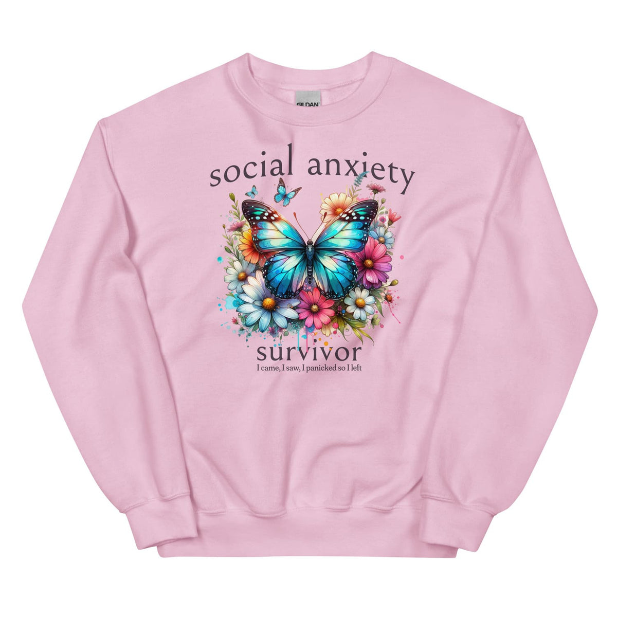 Pink social anxiety sweatshirt with a butterfly and floral design on a white background