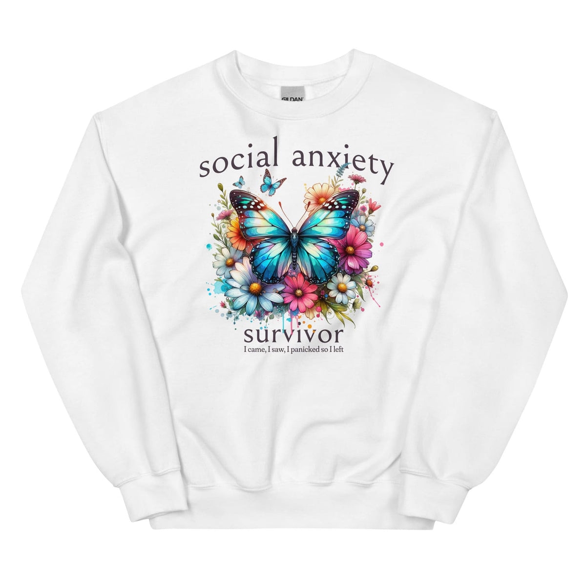 White social anxiety sweatshirt with a colorful butterfly and floral design on a white background